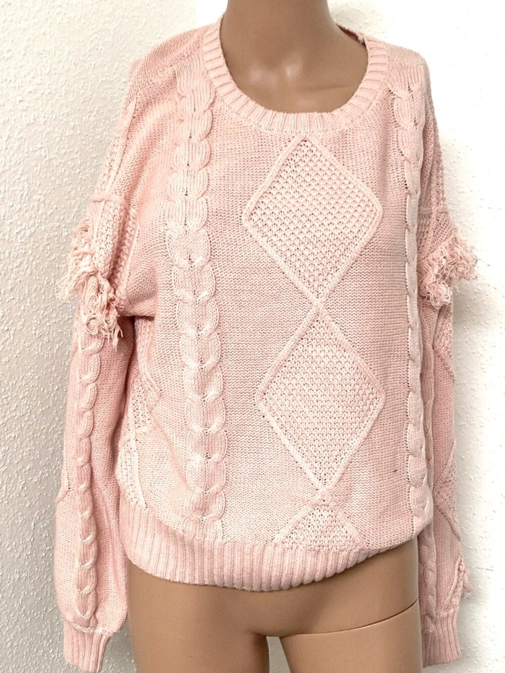 KIKIT Women's Large Pink Cable Knit Crewneck Sweater Fringe Trim Long Sleeve
